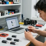 Experte bei der Programmierung eines Autoschlüssels in einer Werkstatt, umgeben von verschiedenen Schlüsselteilen.