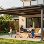 Moderne Carport-Struktur, die eine Familie im Freien schützt, mit Gartenimpressionen.