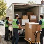 Professionelle Umzugsunternehmen Worms transportieren Möbel sorgfältig in eine Umzugs-Lkw.
