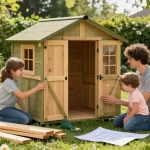 Gartenhaus kaufen: Familie beim gemeinsamen Zusammenbau eines Holz-Gartenhauses im sonnigen Garten.