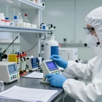 Chlordioxid Gasdetektor in der Laborumgebung, Techniker überprüft Sicherheitsausrüstung.