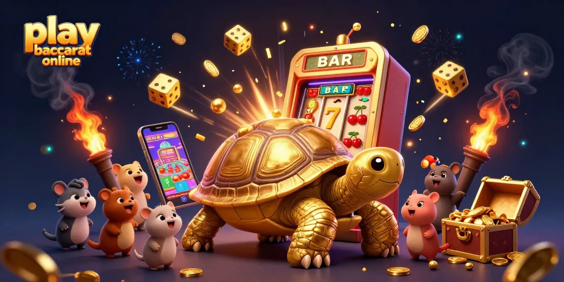 Play baccarat online with a colossal tortoise pinball machine amidst vibrant casino elements and fireworks.